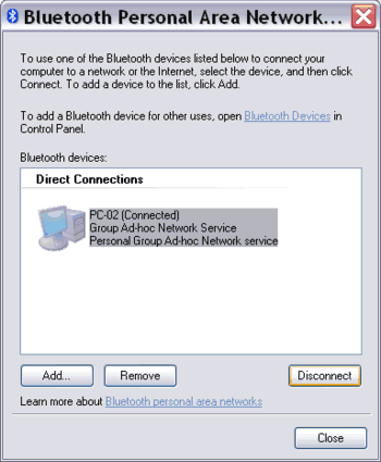 disconnecting from the PAN via the Bluetooth Personal Area Network window