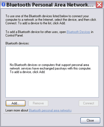Bluetooth Personal Area Network window