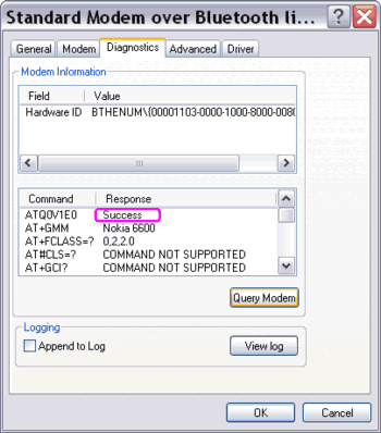 Query the Standard Modem over Bluetooth link on Diagnostics tab