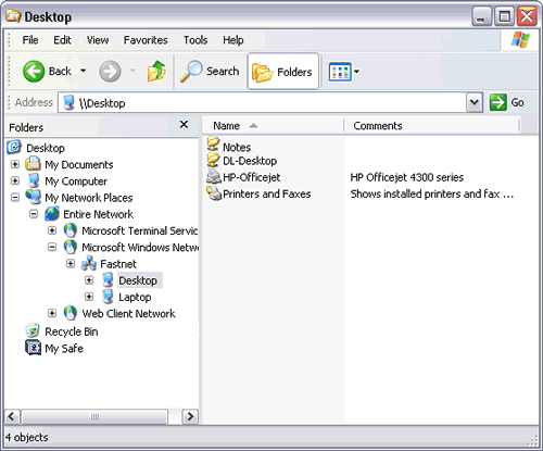 Windows Explorer: My Network Places: Microsoft Windows Network: exploring the Desktop folders and printers from the Laptop