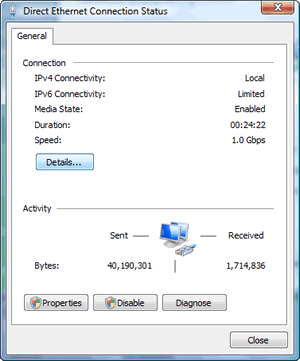 Windows Vista : the status (IPv4 Connectivity, IPv6 Connectivity, media state, duration, speed, and sent/received packets) of the connected Local Area Connection in the ICS host.