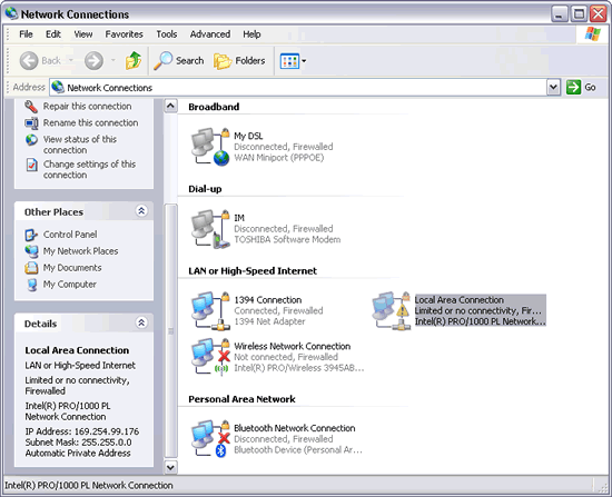 Windows XP : Network Connections - Limited or no connectivity - APIPA IP address 169.254.99.176