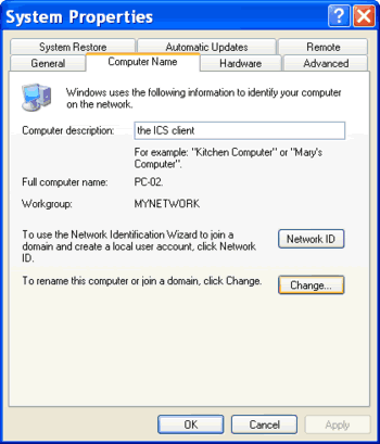 Computer and workgroup name on the System Properties window