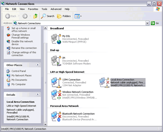 Windows XP : Network Connections : Network cable unplugged