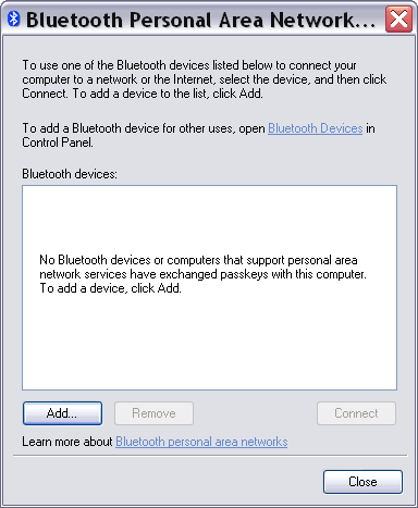 the Bluetooth Personal Area Network wizard in Windows XP (SP2)