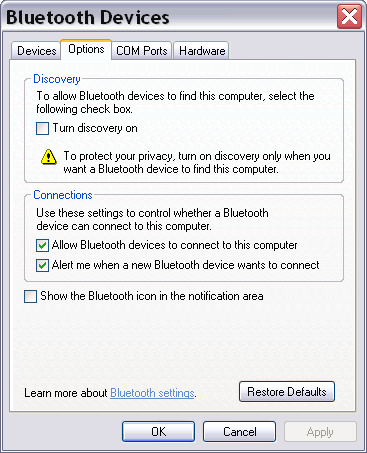 the Bluetooth  Devices setting in Windows XP (SP2) - Options tab