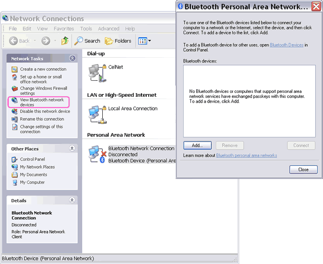 Bluetooth Personal Area Network wizard and Bluetooth Network Connection