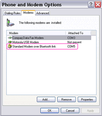 Standard Modem over Bluetooth link on Phone and Modem Options