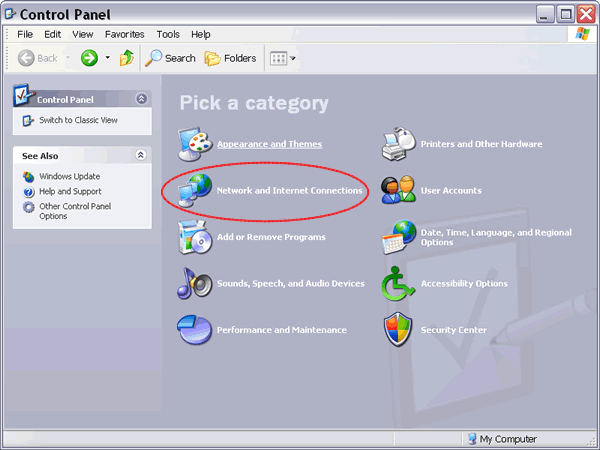 Control Panel - Network and Internet Connections category