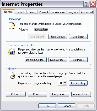 Internet Options window