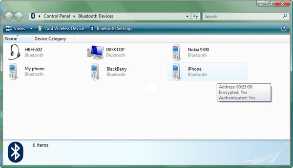 Windows Vista > Control Panel > Bluetooth Devices : Views - Add Wireless Device - Bluetooth Settings, iPhone Bluetooth (MAC address header 00:25:00) is paired, encrypted, authenticated.