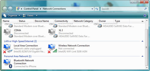 Control Panel > Network Connections > Personal Area Network > Bluetooth Network Connection > Connected to iPhone