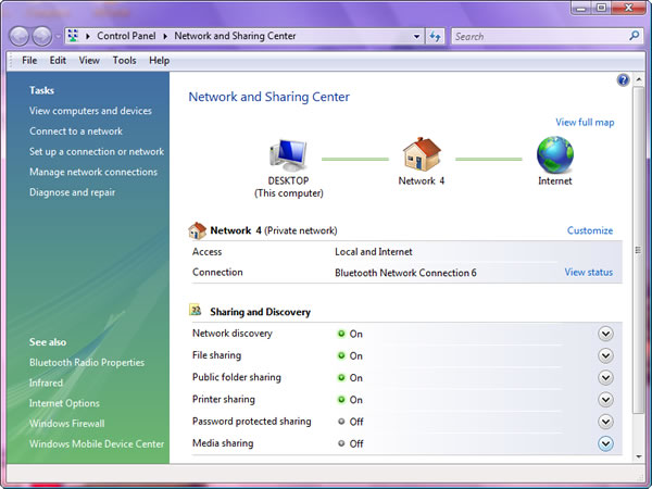 Windows Vista > Control Panel > Network and Sharing Center : This computer (DESKTOP) is connected to Internet via Network 4 (iPhone) as gateway. Network 4 (Private network). Access Local and Internet. Connection Bluetooth Network Connection 6. Sharing and Discovery : Network discovery On - File sharing On - Public folder sharing On - Printer sharing On - Password protected sharing Off - Media Sharing Off