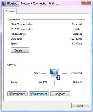 Bluetooth Network Connection 6 Status : Connection : IPv4 Connectivity (Internet) - IPv6 Connectivity (Limited) - Media State (Enabled) - Duration (hh:mm:ss) - Speed (1 Mbps) and Activity : Sent and Received Bytes.