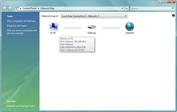 Windows Vista Network Map: Local Area Connection 2 - Network 2. This computer (RIZ-PC) adapter - Apple Mobile Device Ethernet - is assigned a 192.168.20.2 IPv4 address by gateway at 3G operator site.