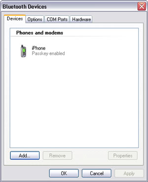 Windows XP > Bluetooth Devices > Devices tab : iPhone Passkey enabled under Phones and modems.